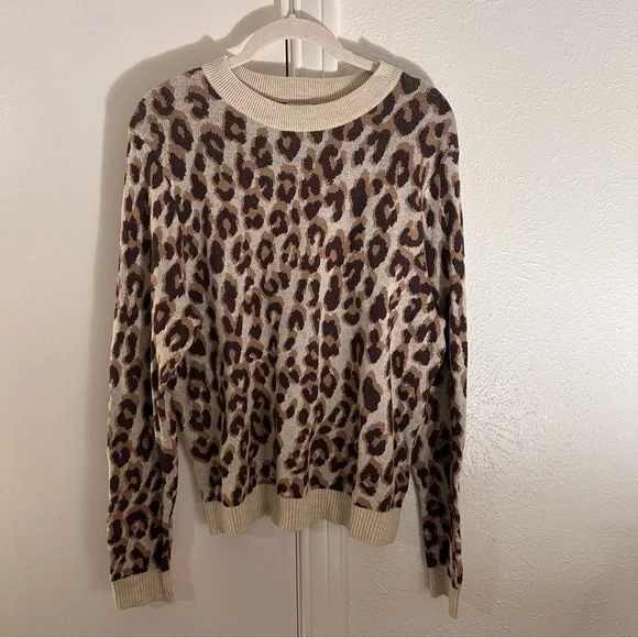 A New Day Cream Brown Leopard Print Knit Crewneck Pullover Sweater Size Small - Picture 5 of 11